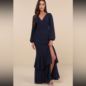 Lulus Tier Elegance Navy Long Sleeve Tiered Maxi Dress